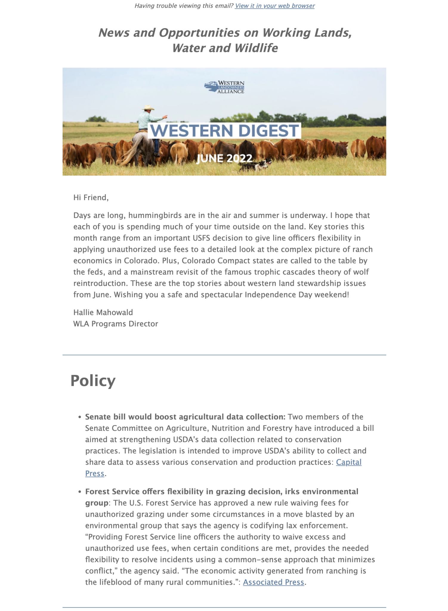 News Items Western Landowners Alliance