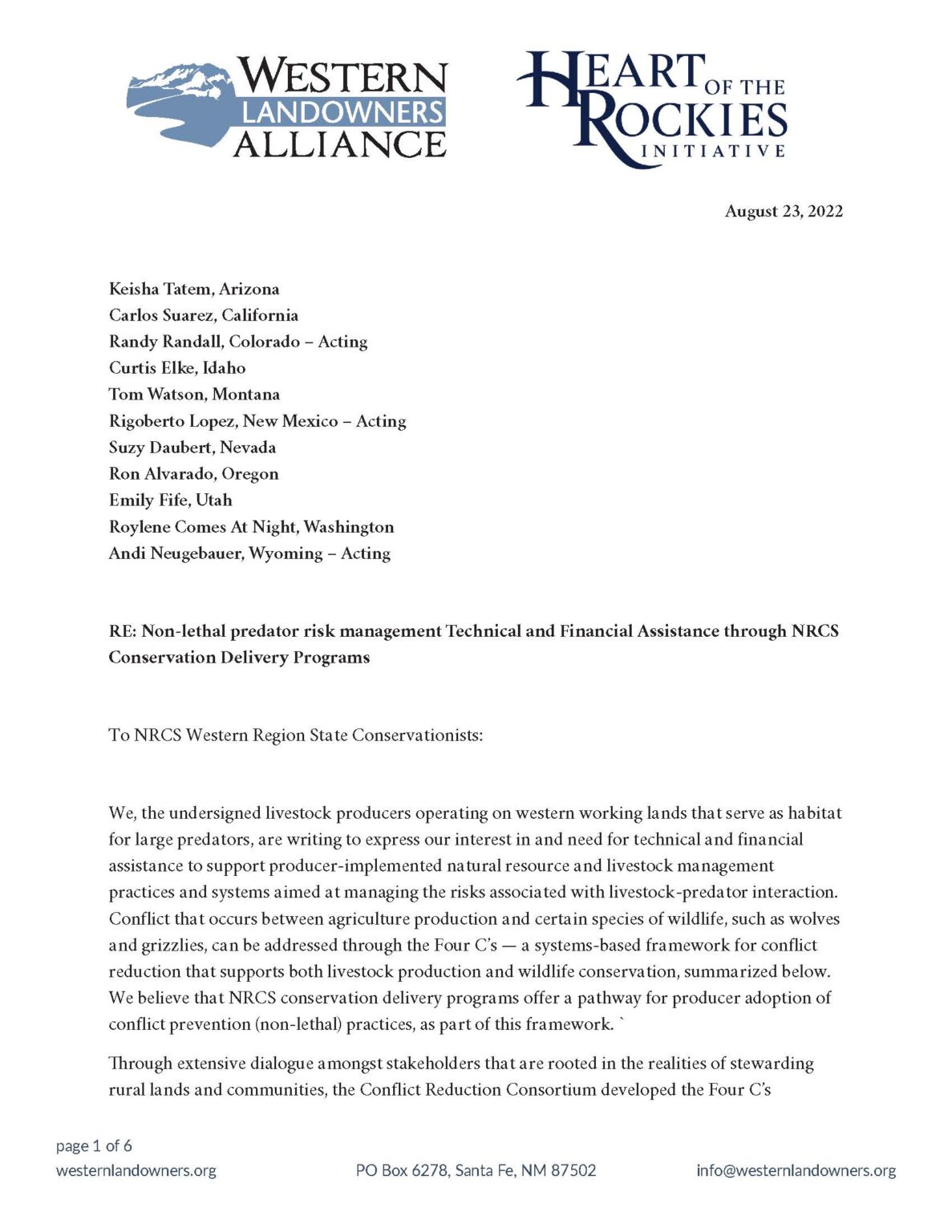 Letter to NRCS Re: Non-lethal predator risk management – Western ...