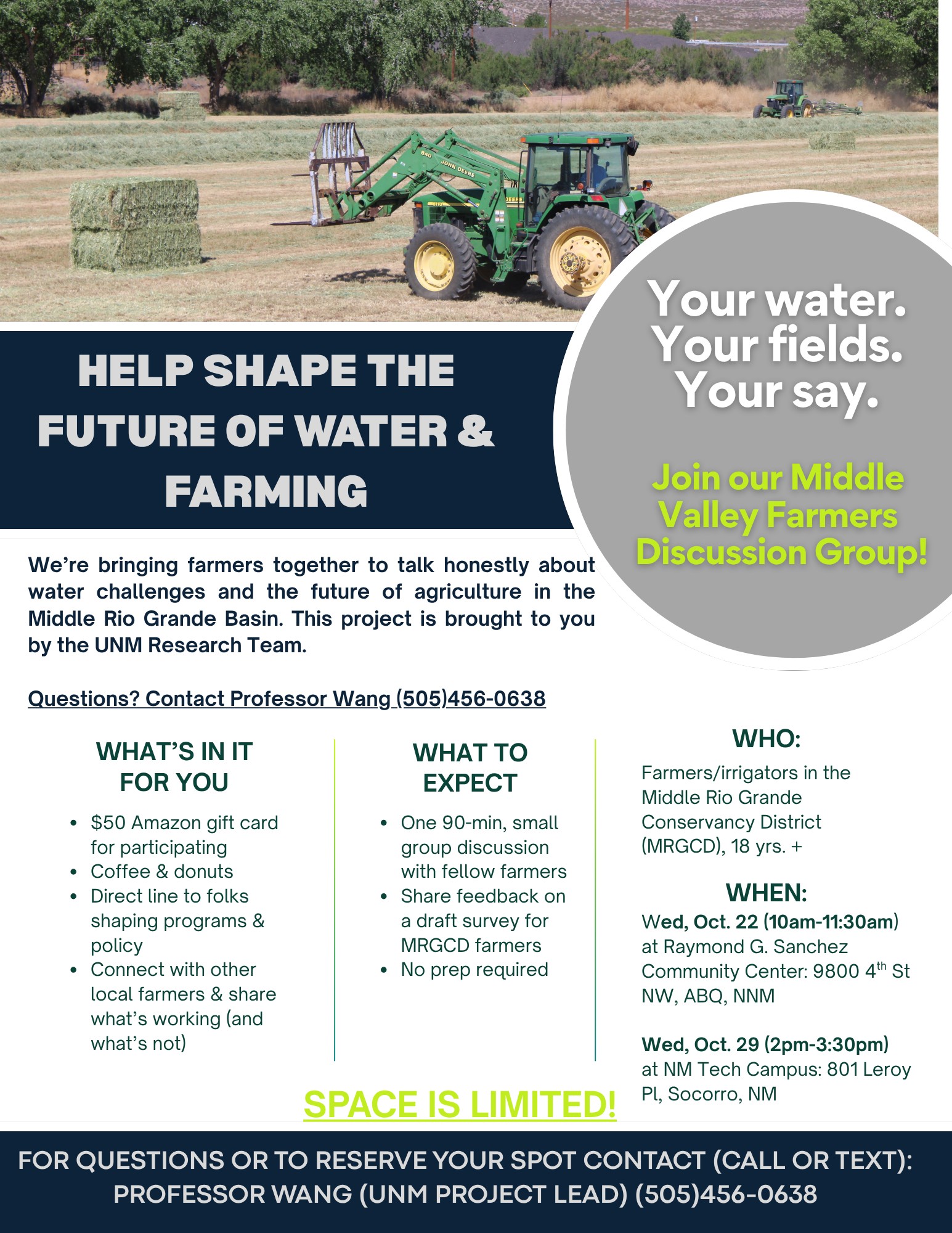 Farmer discussion group flyer describing ways to get involved with small group discussions in New Mexico